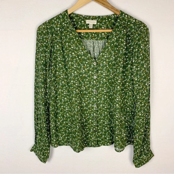 Garnet Hill Green Floral V-Neck Button Down Blouse - Picture 1 of 6